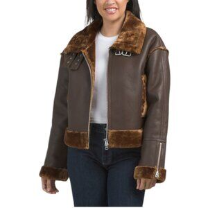 HUDSON Faux Leather Cropped Aviator Jacket With Faux Fur Trim